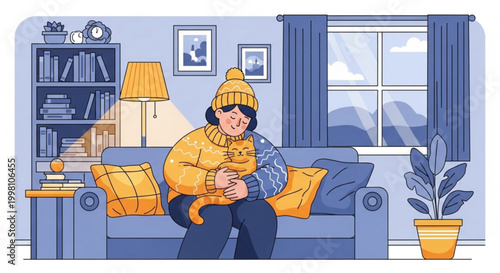 Woman in yellow sweater and hat sitting on blue couch with orange cat in cozy living room with plant and window