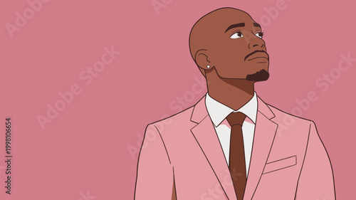 Stylish illustrated Black man in pink suit looking upward