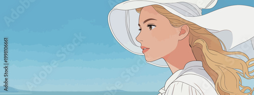 Elegant Woman Enjoying Coastal Breezes on a Sunny Day