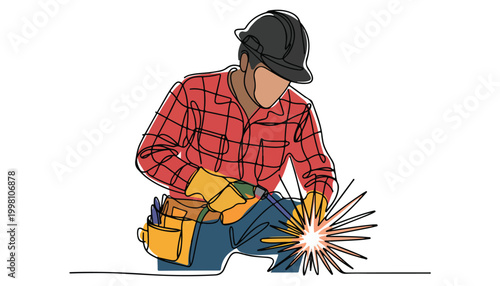 One continuous line illustration of an Construction workers , isolated on white background.