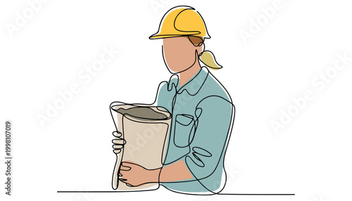 One continuous line illustration of an Construction workers , isolated on white background.