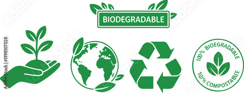 Green environmental icon set featuring biodegradable badge compostable stamp recycling symbol globe leaves and eco sprout illustration