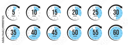 Timer icons set showing 5 to 60 minute intervals