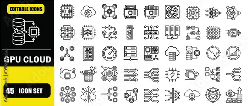 GPU Cloud Processing AI Icon Set – High Performance Computing Systems, Parallel Processing, Machine Learning Acceleration, Data Center Infrastructure and Scalable AI Computation Line Icons – Thin Line
