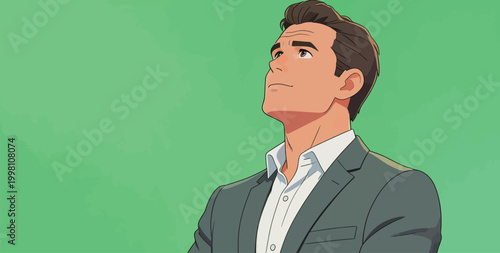 Stylized adult businessman looking upward against green background