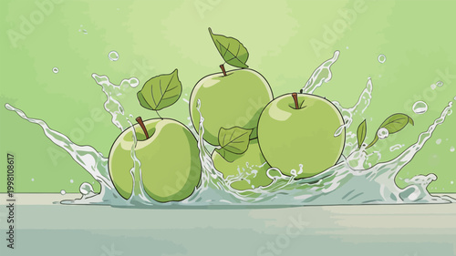 Fresh Green Apples Splashing Into Clear Water