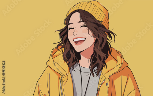 Joyful Young Woman in Yellow Streetwear Smiling Happily