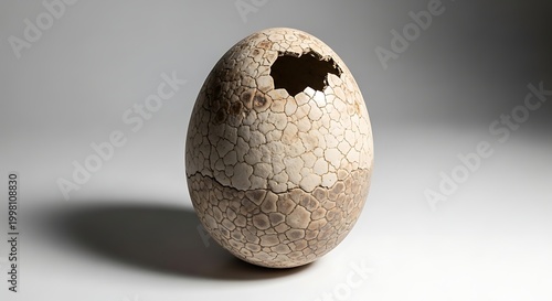 A large, ancient-looking cracked egg with a hole at the top, showing intricate shell patterns and a textured surface, against a soft, neutral background.