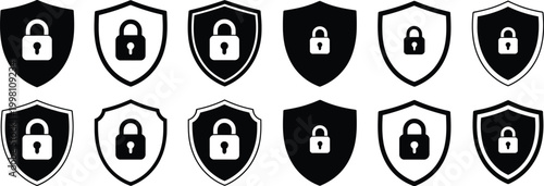 Lock and Unlock Vector Icon Set with Tick, Cross, and Shield Security Symbols, Outline and Solid Styles, Black and White Design, Privacy Protection and Data Security Illustration Collection