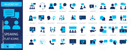 40 Speaking Flat Icons Set, modern communication vector graphics, business discussion, online chat, and customer support symbols, ideal for web design and mobile apps