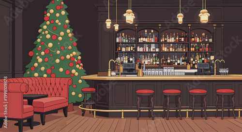 Cozy Christmas Themed Luxury Bar Interior Scene