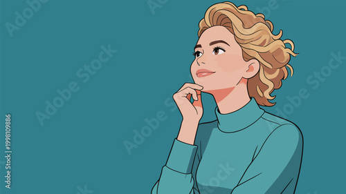 Thoughtful young woman with curly blonde hair looking upwards