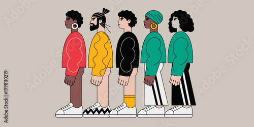 Five stylized figures stand in a row facing left on a beige background, each wearing distinct clothing and hairstyles (red, yellow, black, teal tones) that emphasize individuality