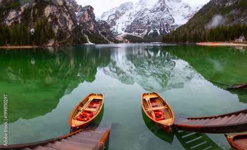 Tableau sur toile Pragser Wildsee, or Lake Prags, is a natural lake in the Prags Dolomites in Braies, South Tyrol, Italy