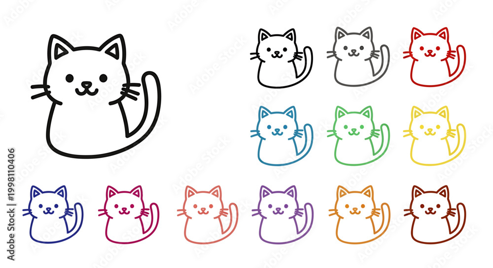 Obraz premium A collection of cute, cartoon-style cats in various colors, including a large outline drawing and smaller filled-in versions.