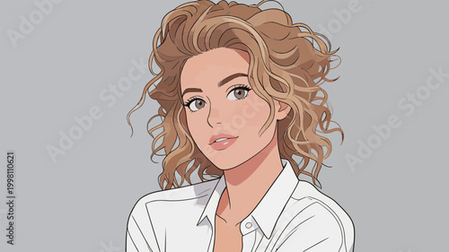 Stylized portrait of a curly haired young woman in white shirt