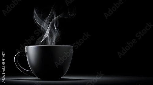 Black mug with rising steam on dark background