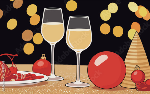 Festive holiday dinner table with sparkling wine and decorations