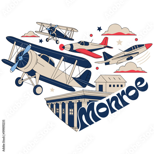 Retro Vintage Aviation Illustration of Classic Biplanes and Airplanes Flying Over Monroe with Historic Architecture and Decorative Clouds and Stars