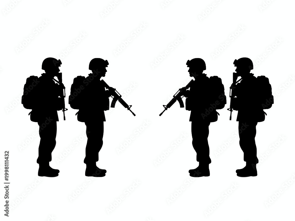 Fototapeta premium Soldier Silhouettes with Rifles and Tactical Gear on White