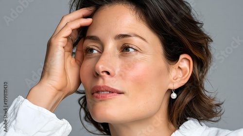 Woman with soft gaze, hand near face.