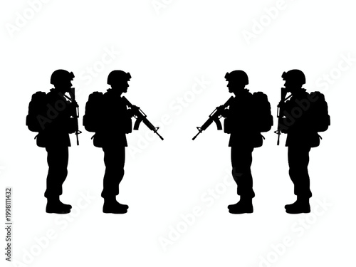 Soldier Silhouettes with Rifles and Tactical Gear on White