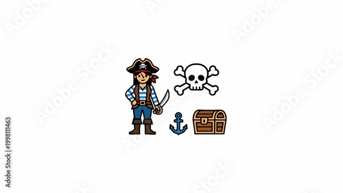 Pirate woman character with sword skull anchor and treasure chest