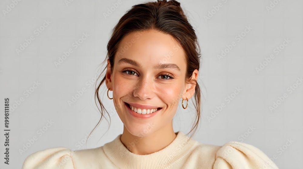 Naklejka premium Warm smile graces a young woman's face.