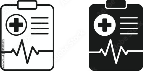 Medical Report Clipboard Icon Set in Outline and Line Style, Healthcare Documentation and Patient Records Symbols, Modern Medical Reporting Concept Vector for Hospital and Clinic Use