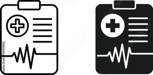 Medical Report Clipboard Icon Set in Outline and Line Style, Healthcare Documentation and Patient Records Symbols, Modern Medical Reporting Concept Vector for Hospital and Clinic Use