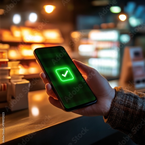 Mobile phone showing checkmark confirmation, digital success concept