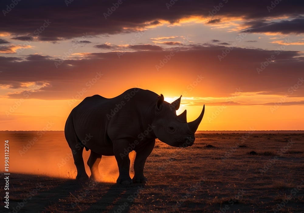 Fototapeta premium Silhouette of a large rhinoceros standing on the open African savanna at sunset with orange dust clouds kicking up from its feet under a dramatic colorful sky in the wild.