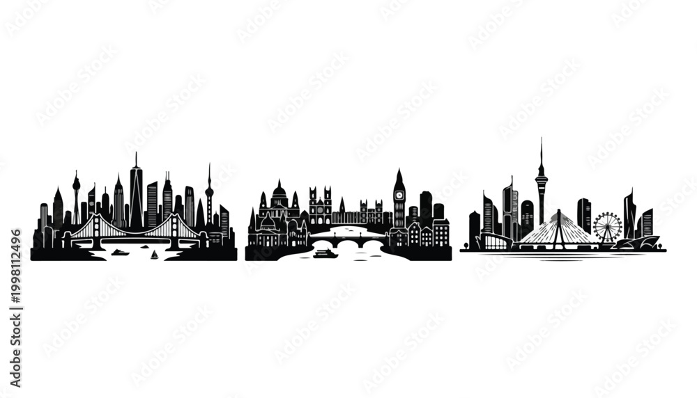 Obraz premium black and white silhouette set of City Building very high quality vector illustration.