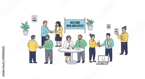 New employees shake hands and hold professional portraits near a welcome sign in a bright, clean office setting with a soft, neutral color palette.