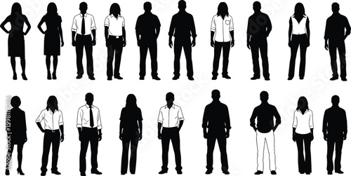 Large collection of diverse business people silhouettes featuring professional men and women in formal office attire and smart casual clothing for corporate teamwork and leadership concepts.