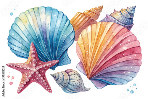 Watercolor Seashell Icon, Ocean Treasure Clipart, Isolated on White background