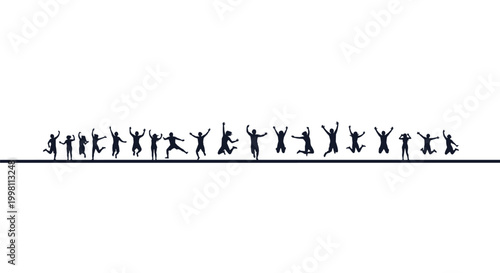 A wide horizontal row of black human silhouettes jumping in unison against a stark white background featuring a clean minimalist aesthetic and high contrast lighting.