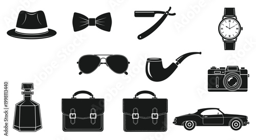 A diverse collection of black silhouette icons depicting vintage lifestyle items including a classic car, camera, smoking pipe, and briefcase on a white background.