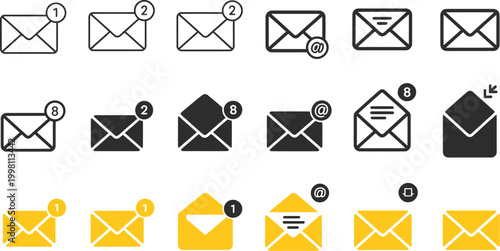 Message Icon Set with Closed, Open, and Notification Envelopes, Outline and Solid Styles, Email Inbox Communication Symbols for Documents, Contacts, and Postal Messaging Vector Collection