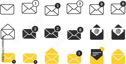 Message Icon Set with Closed, Open, and Notification Envelopes, Outline and Solid Styles, Email Inbox Communication Symbols for Documents, Contacts, and Postal Messaging Vector Collection