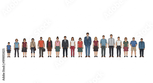 Diverse group of people standing in a line on white background.