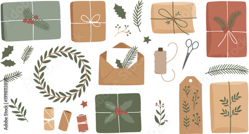 Holiday gift wrapping flat lay illustration featuring wrapped presents wreath scissors foliage berries and festive crafting elements composition