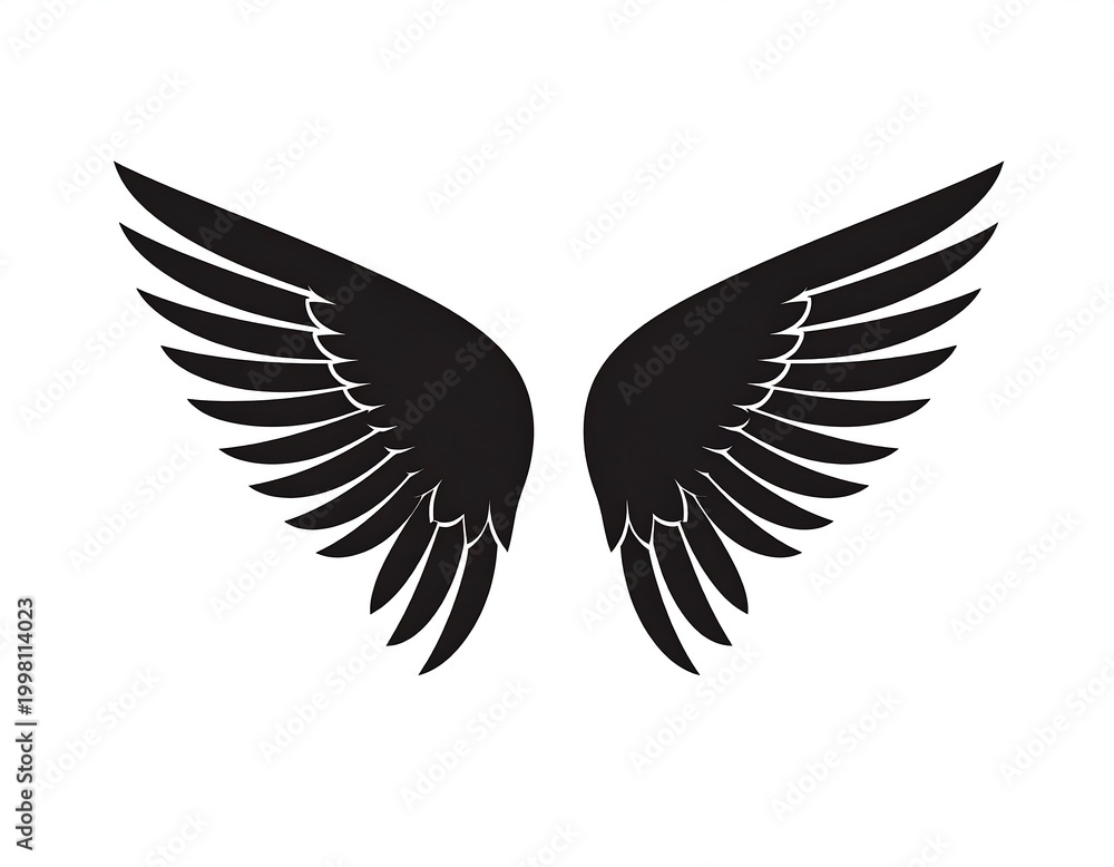 Fototapeta premium Symmetrical black wings, feather-like structures spread outwards against a white background, creating a sense of flight