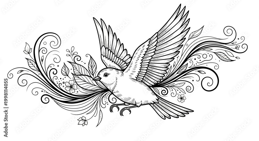 Fototapeta premium Elegant bird in flight amidst floral embellishments monochrome illustration