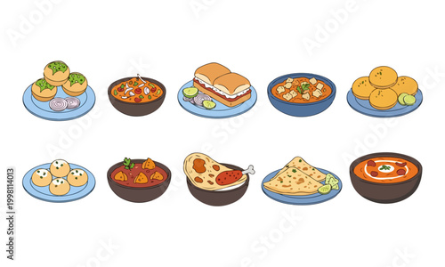 Indian street food dishes and snacks illustration set