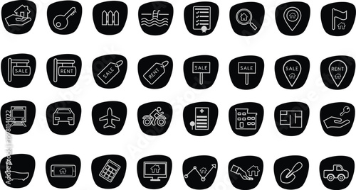 Real Estate and Property Management Icon Set, Line Art Symbols And Shapes  With Transparent Background 