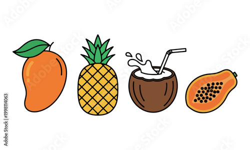 Tropical Fruits Illustration Set of Mango Pineapple Coconut Papaya