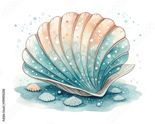 Watercolor Seashell Icon, Ocean Treasure Clipart, vector illustration Isolated on White background