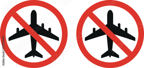 No Flying Zone Signs with Airplane Symbols, Prohibition and Restricted Airspace Icons, Aviation Safety Warning Concept, Modern Flat Vector Illustration for Transport and Security Design