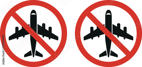 No Flying Zone Signs with Airplane Symbols, Prohibition and Restricted Airspace Icons, Aviation Safety Warning Concept, Modern Flat Vector Illustration for Transport and Security Design